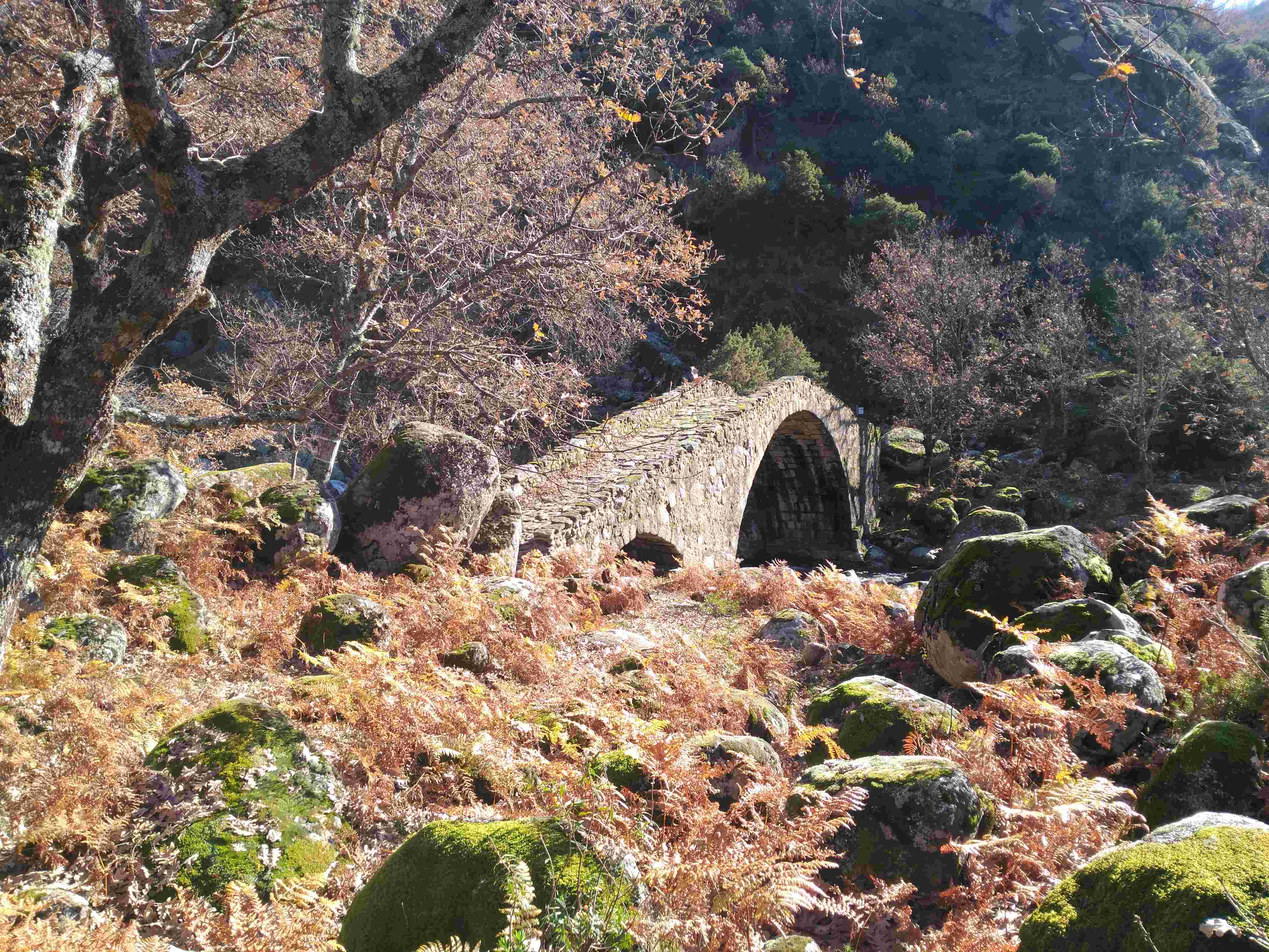 Puente de piedra entre montañas
