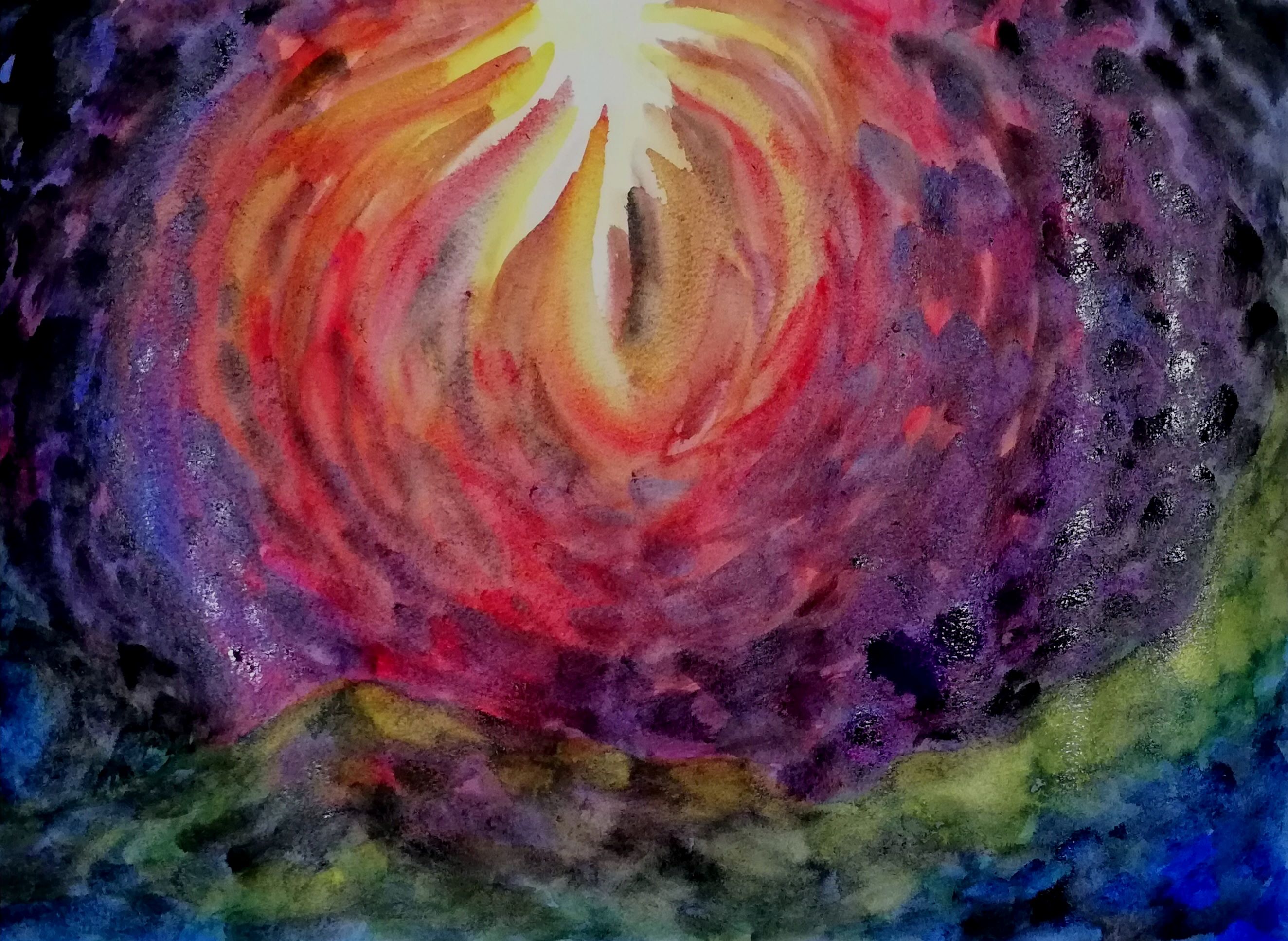 Acuarela con un efecto de luz en el centro y oscuridad alrededor