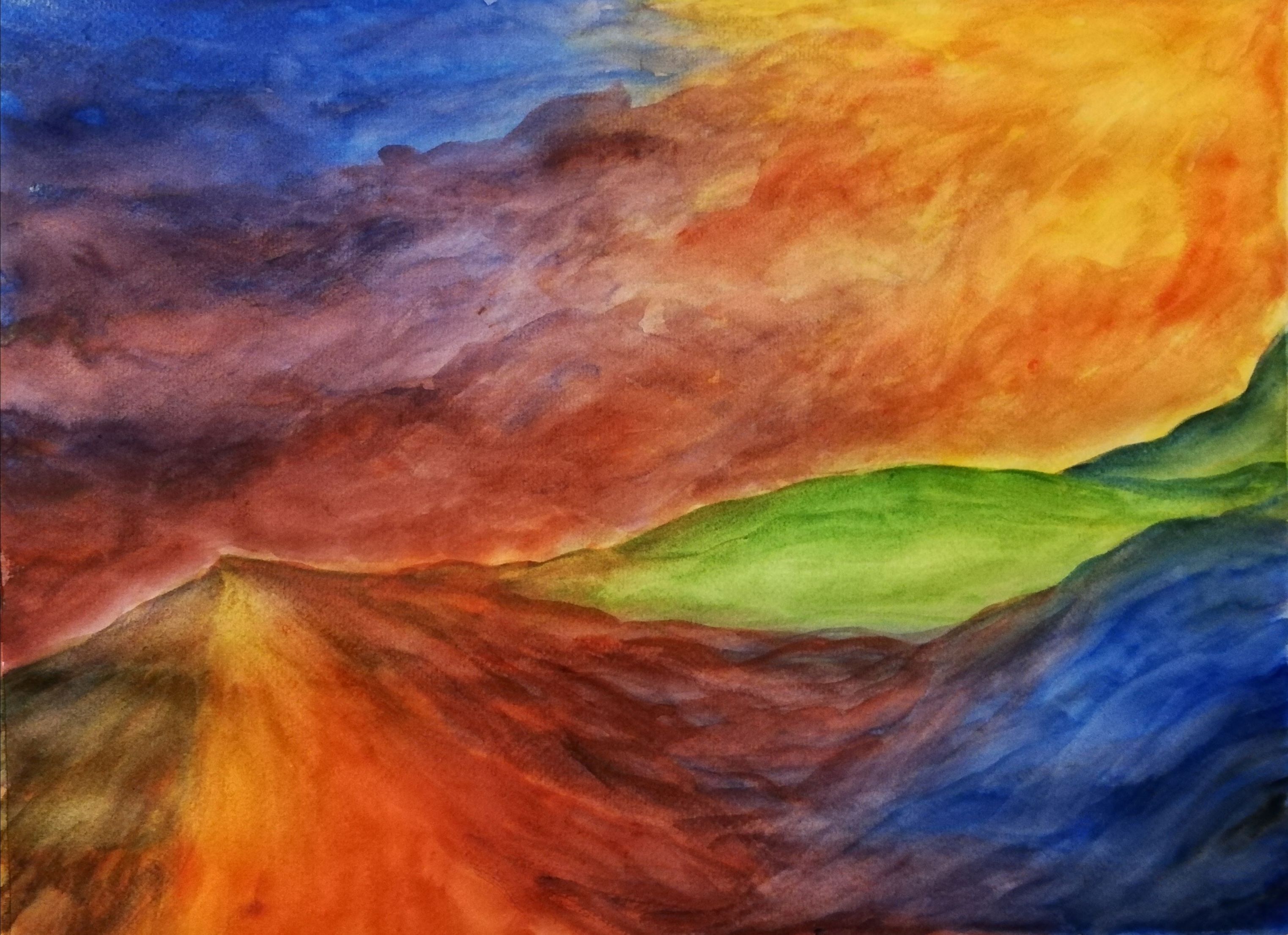 Acuarela de colores intensos de un paisaje al atardecer