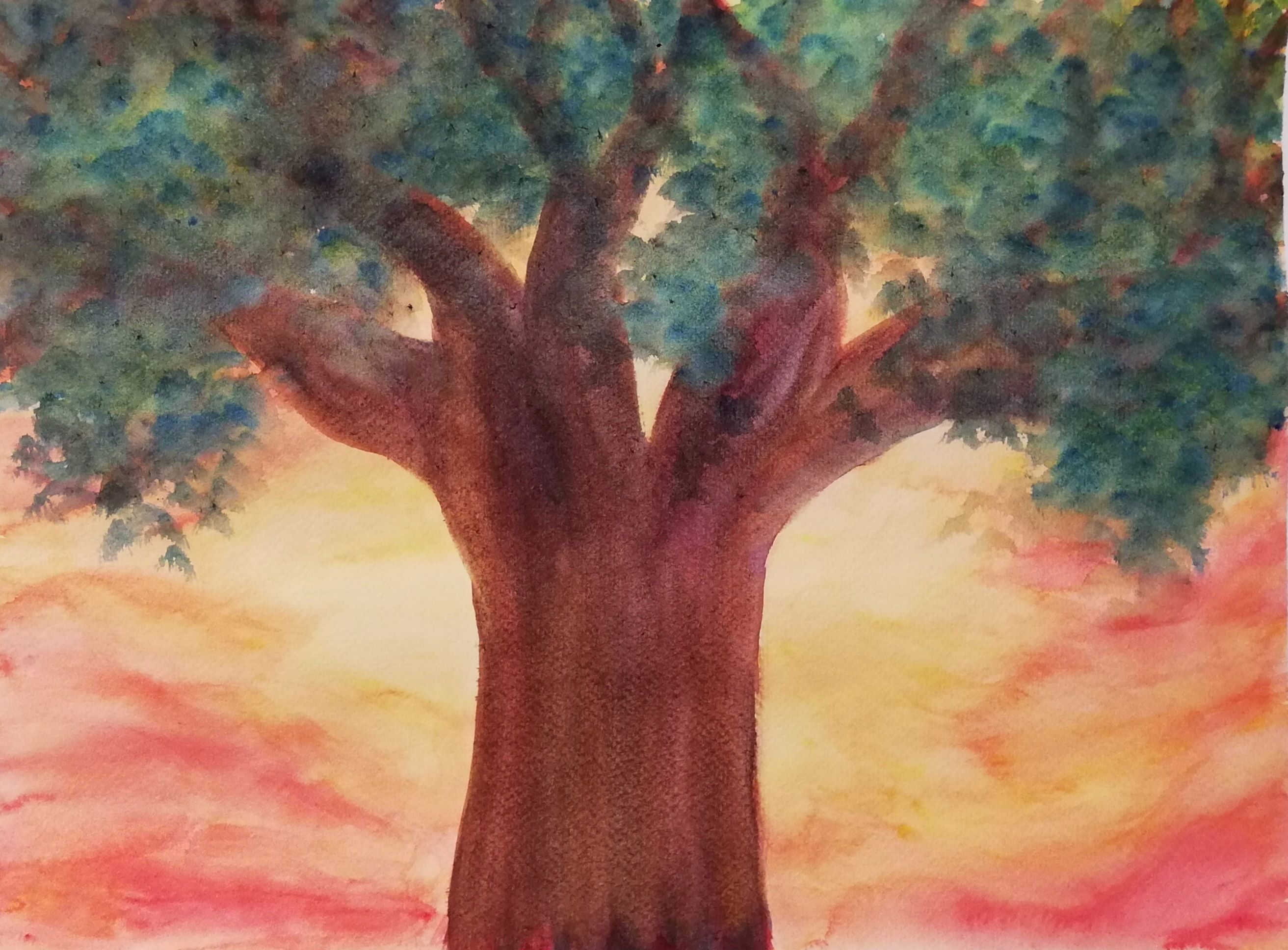 Acuarela de un roble al atardecer