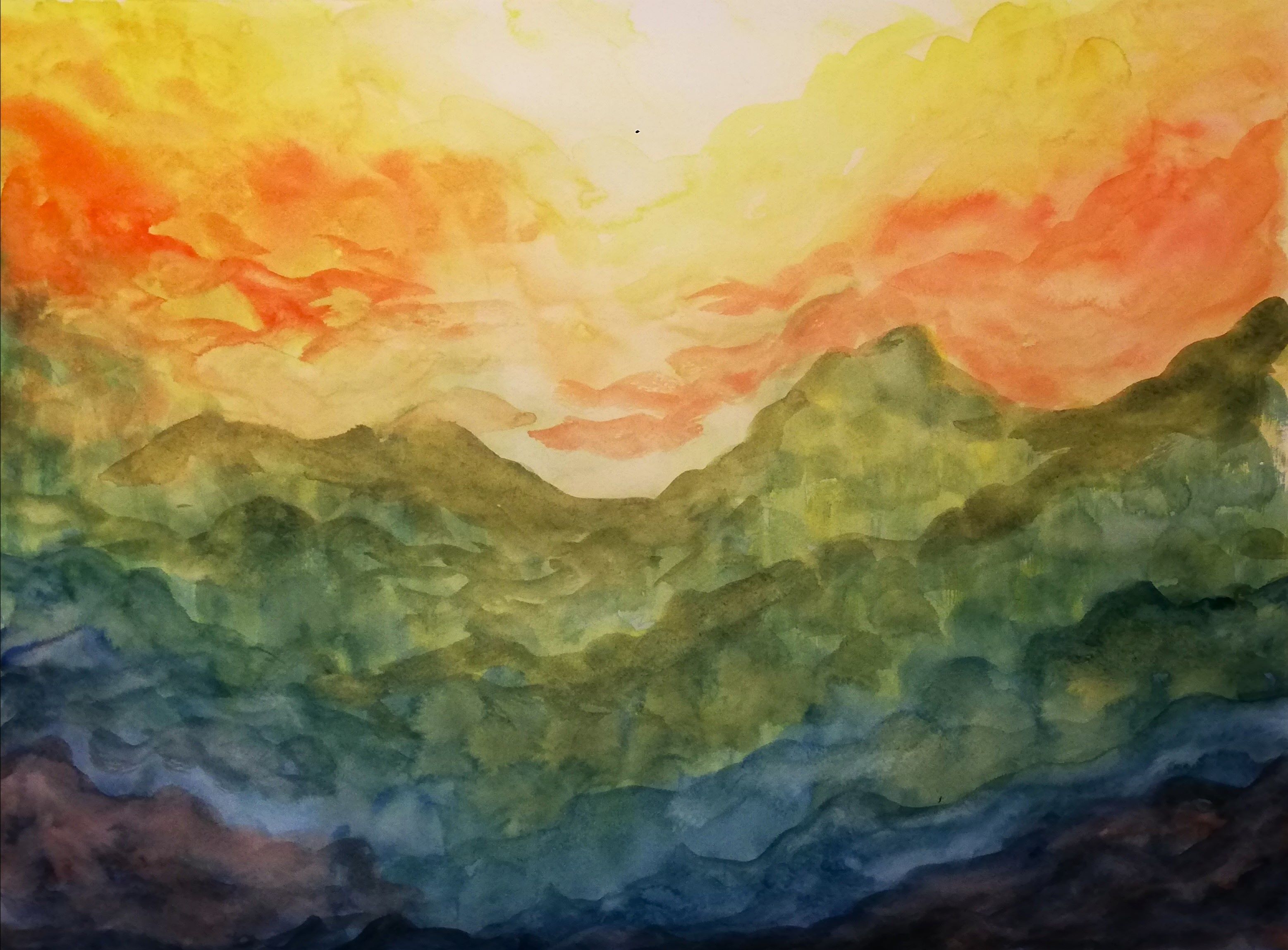 Acuarela Montañas al atardecer
