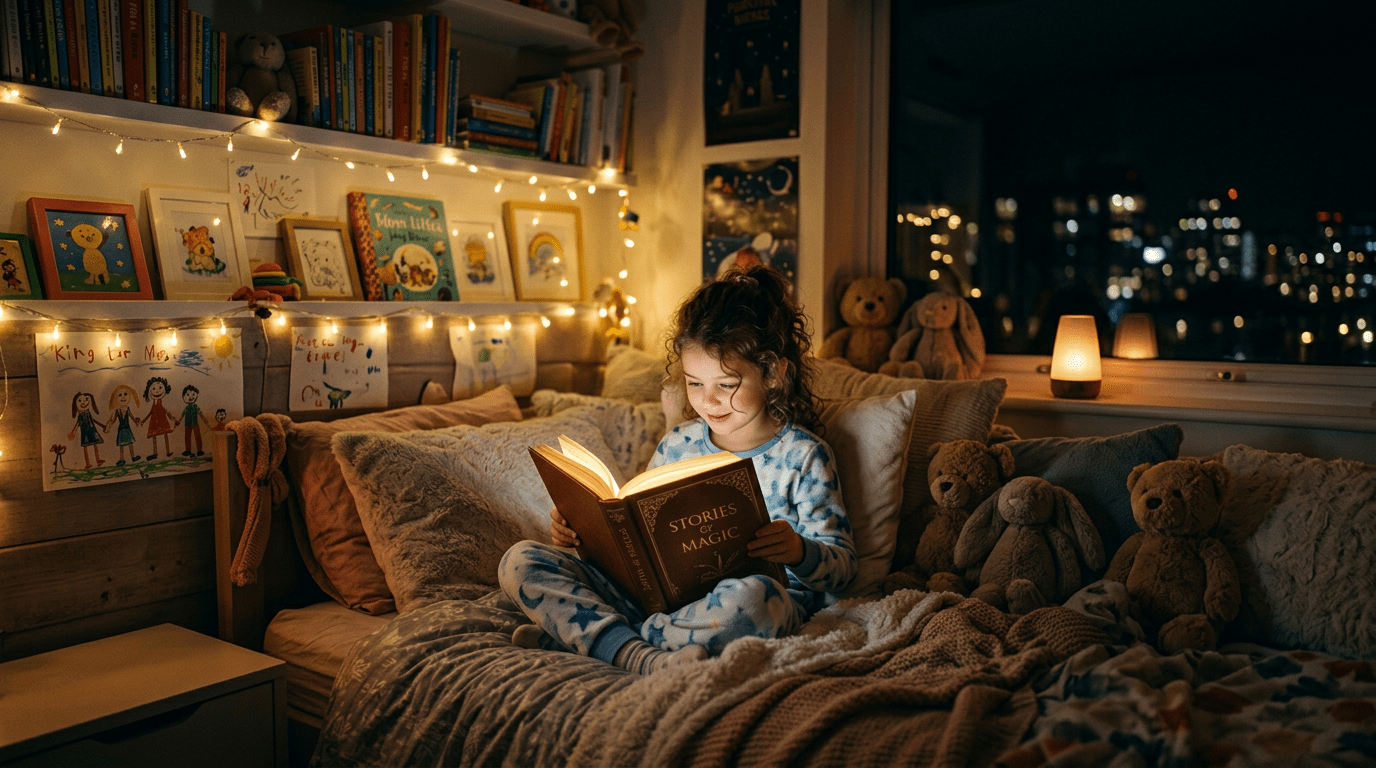 Child sitting on bed reading a book titled 'Stories of Magic' with fairy lights